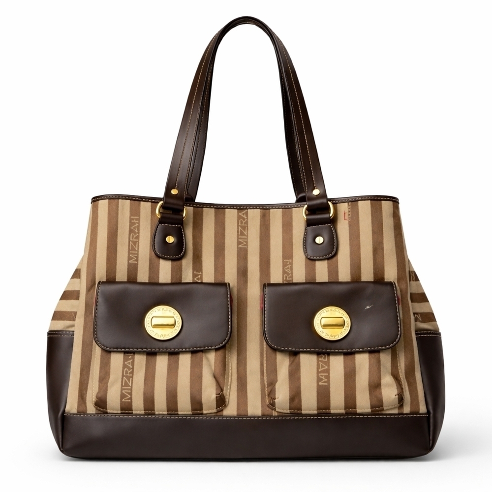 Isaac Mizrahi Striped Brown and Tan Tote with Gold Accents